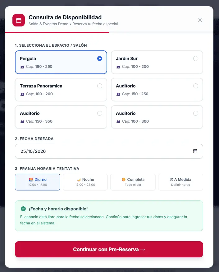 Paso 1: Parámetros del evento y consulta de disponibilidad en vivo