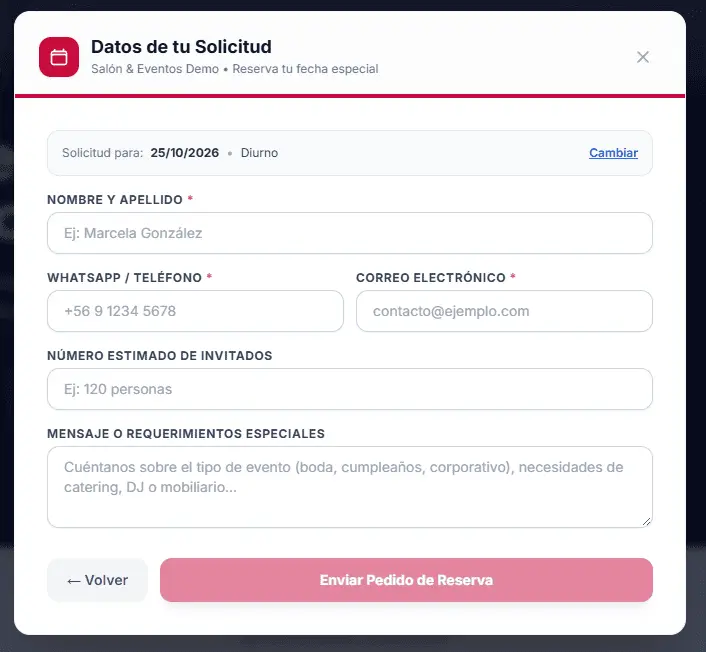 Paso 2: Datos de contacto y requerimientos del evento