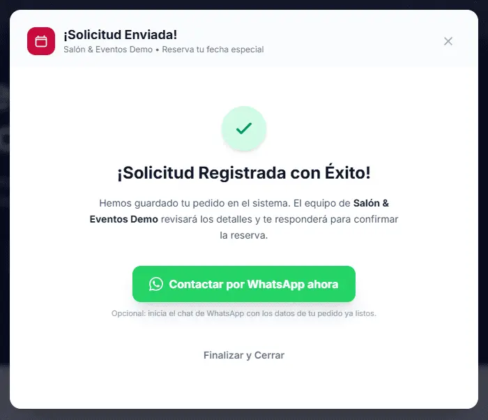 Paso 3: Pantalla de confirmación con botón oficial de WhatsApp